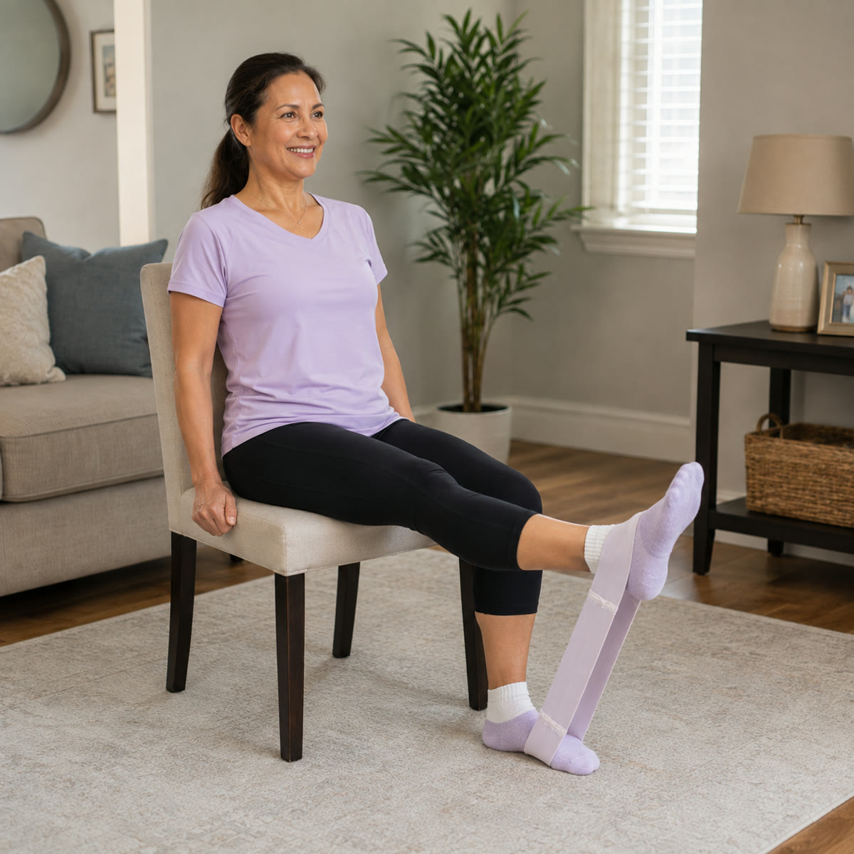 A woman seated in her living room, straightening one leg against a soft lilac band looped around her feet