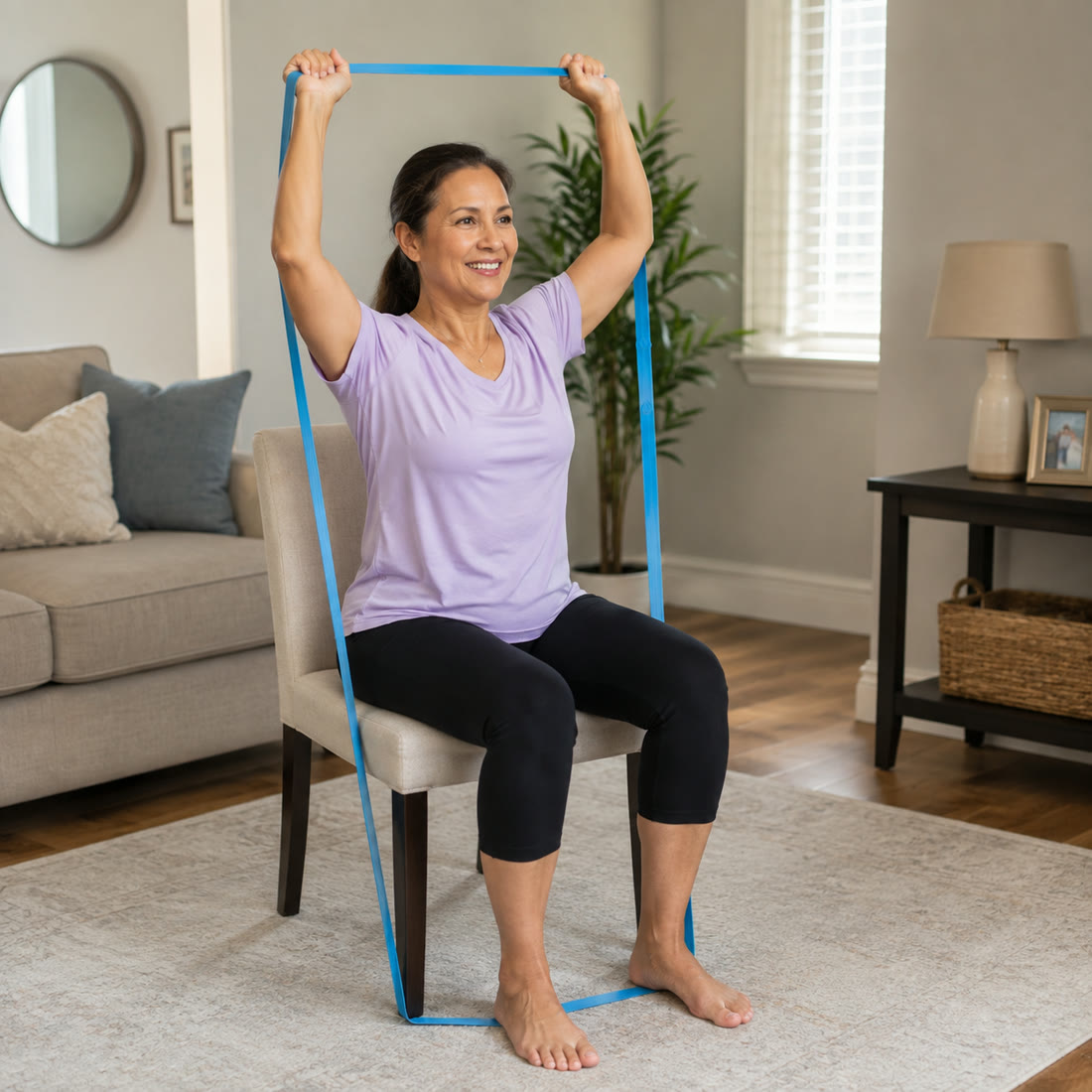 A woman seated on a chair in her living room, holding a blue band stretched overhead