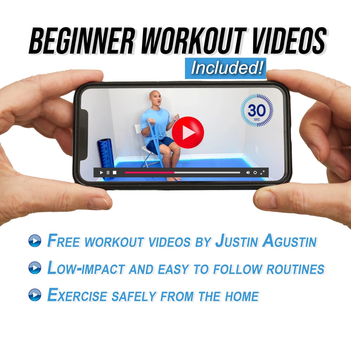 Hands holding a phone playing a seated resistance band workout led by Justin Agustin